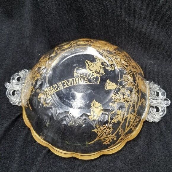 50th Anniversary Crystal Bowl Silver City Glass Platter 22K Gold Handles - Picture 3 of 3